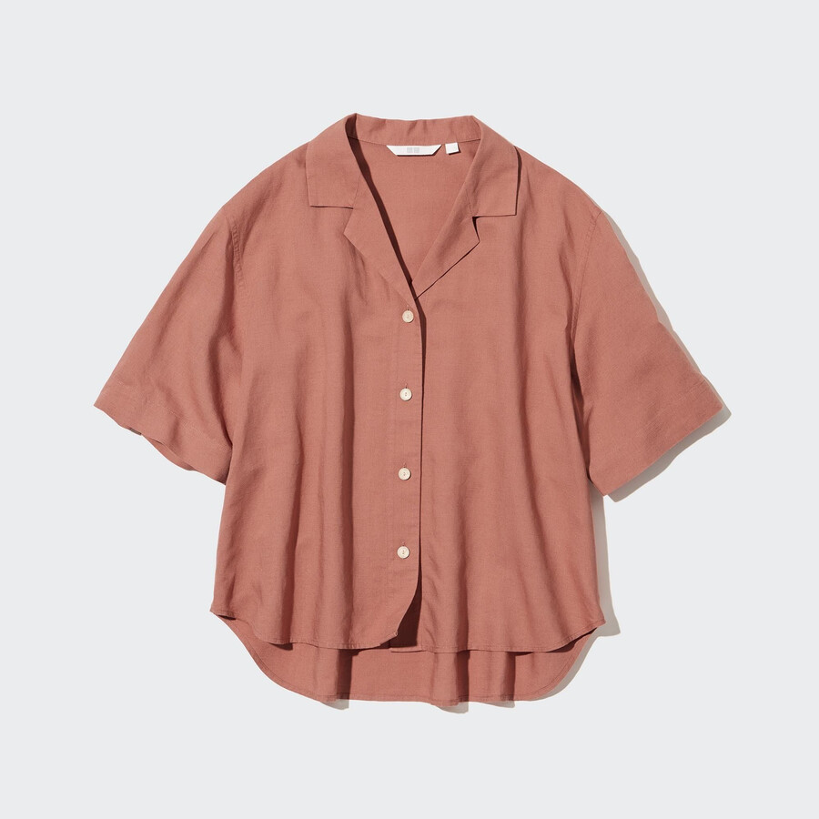 braune damenbluse von uniqlo aus leinenmischung mit offenem kragen und Ärmeln