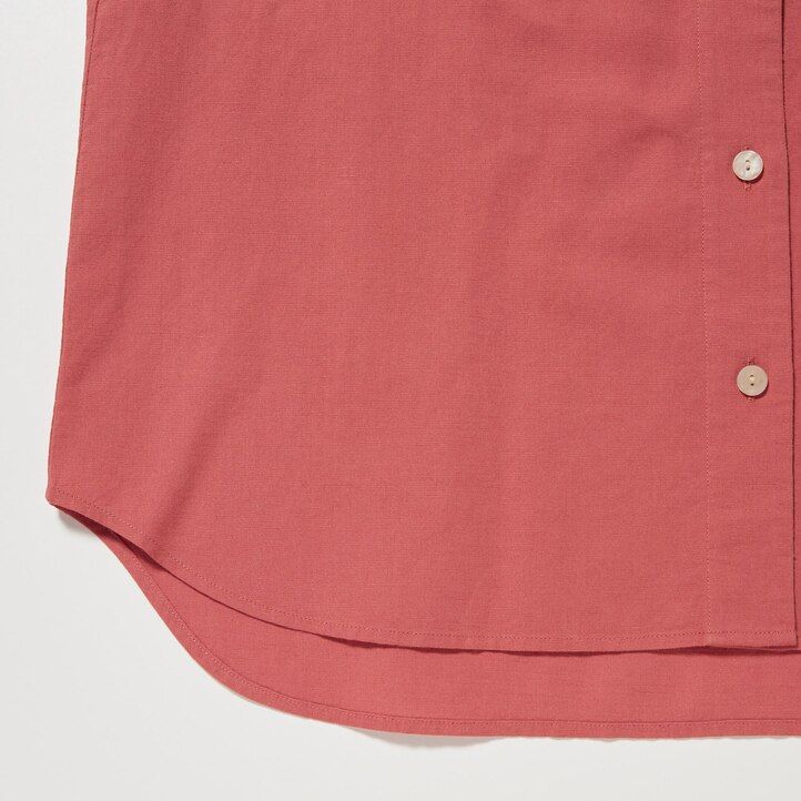 braune damenbluse von uniqlo aus leinenmischung mit offenem kragen und Ärmeln