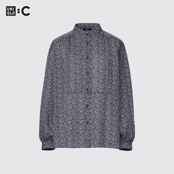 blaue uniqlo damenbluse mit print und volumen