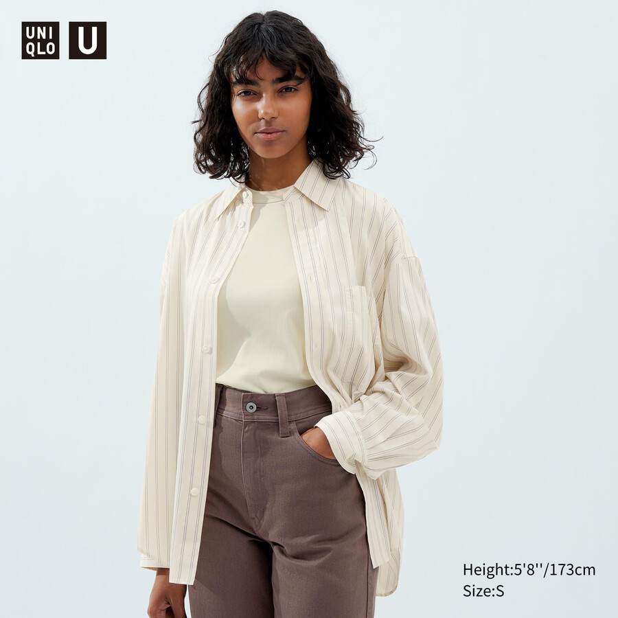 uniqlo damenbluse mit drapierung streifenmuster und Ärmeln beige