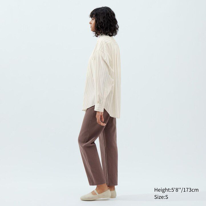uniqlo damenbluse mit drapierung streifenmuster und Ärmeln beige