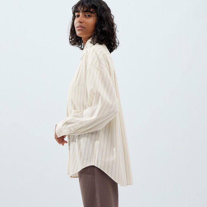 uniqlo damenbluse mit drapierung streifenmuster und Ärmeln beige