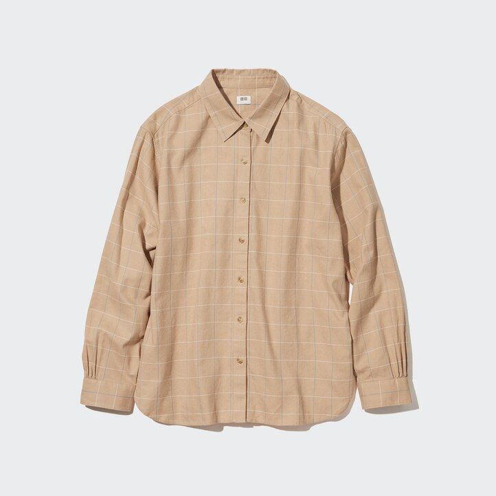 weiße damenbluse von uniqlo mit weichem gebürstetem karomuster und Ärmeln