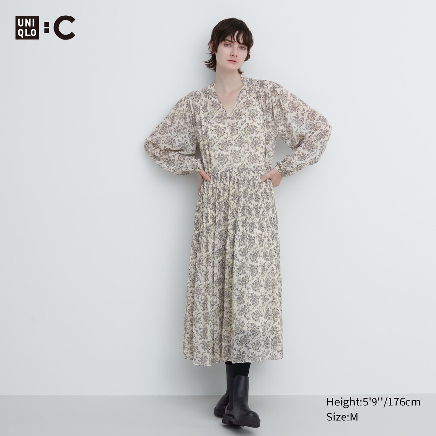 uniqlo damen chiffonkleid mit falten print und Ärmeln weiß