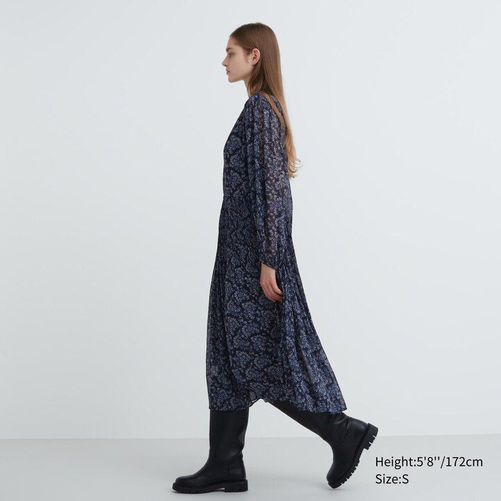 uniqlo damen chiffonkleid mit falten print und Ärmeln weiß