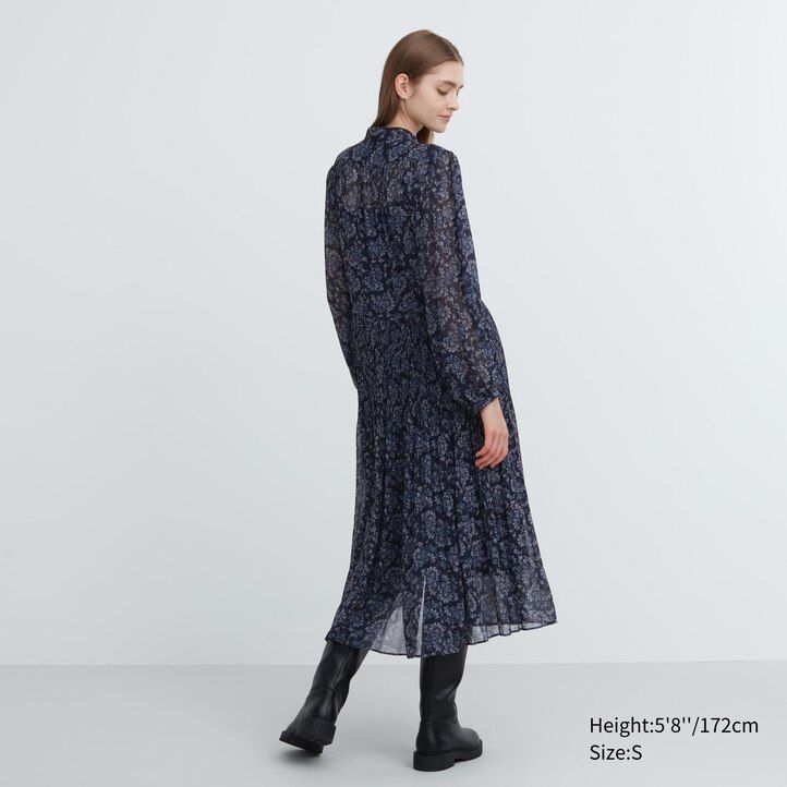 uniqlo damen chiffonkleid mit falten print und Ärmeln weiß