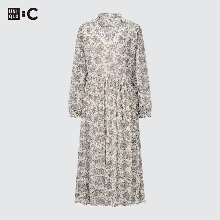 uniqlo damen chiffonkleid mit falten print und Ärmeln weiß