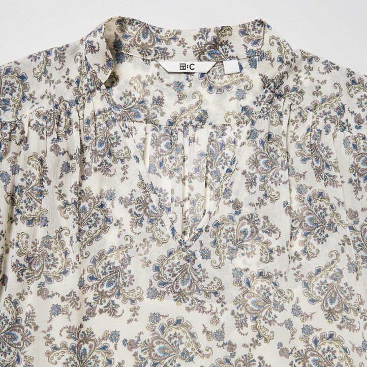 uniqlo damen chiffonkleid mit falten print und Ärmeln weiß