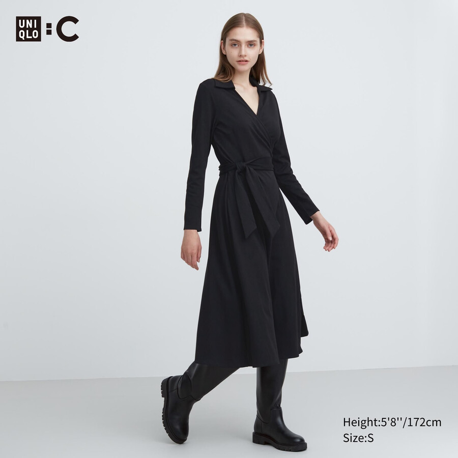 schwarzes uniqlo wickelkleid mit langen Ärmeln für damen