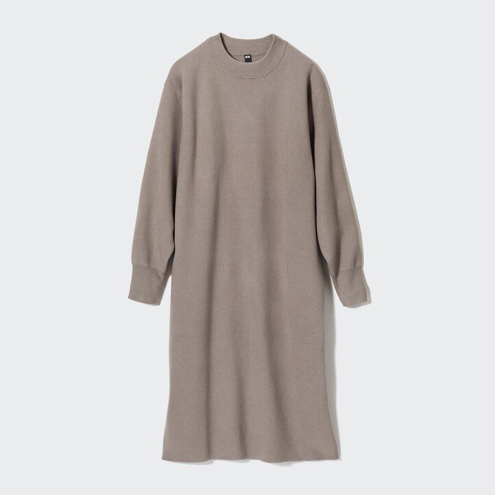 grünes uniqlo souffle garn-kleid für damen mit glatten Ärmeln