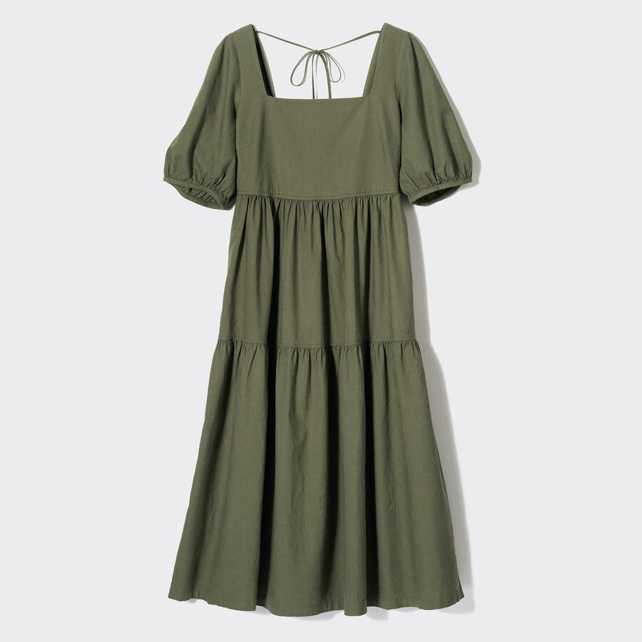 uniqlo damenkleid aus leinenmischung mit raffungen und voluminösen Ärmeln olivgrün