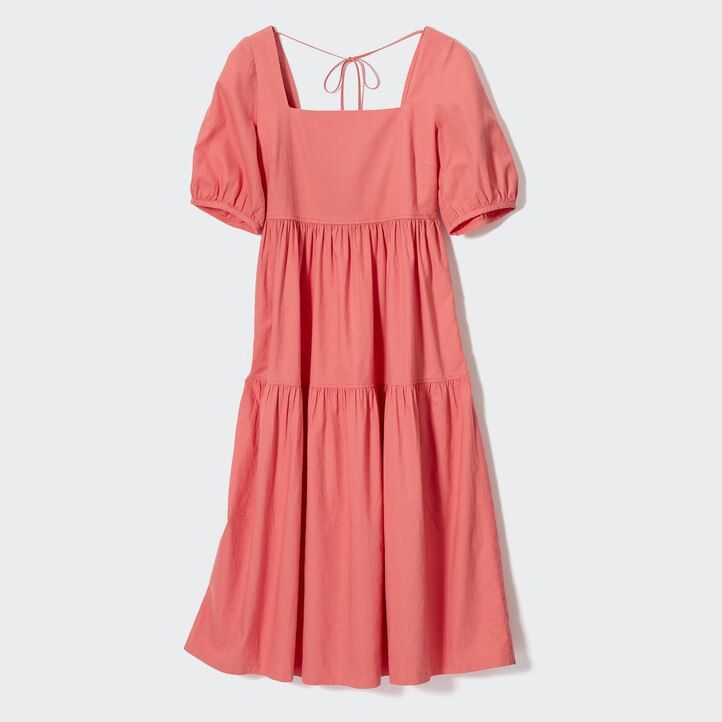 uniqlo damenkleid aus leinenmischung mit raffungen und voluminösen Ärmeln olivgrün