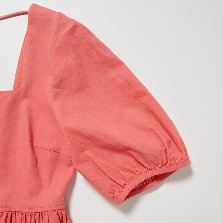 uniqlo damenkleid aus leinenmischung mit raffungen und voluminösen Ärmeln olivgrün