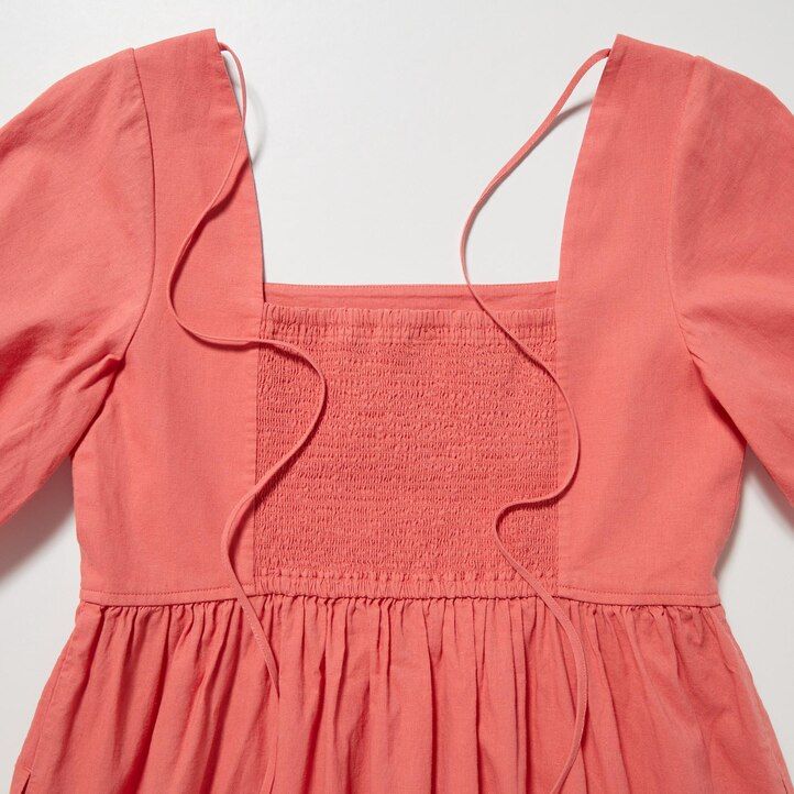 uniqlo damenkleid aus leinenmischung mit raffungen und voluminösen Ärmeln olivgrün