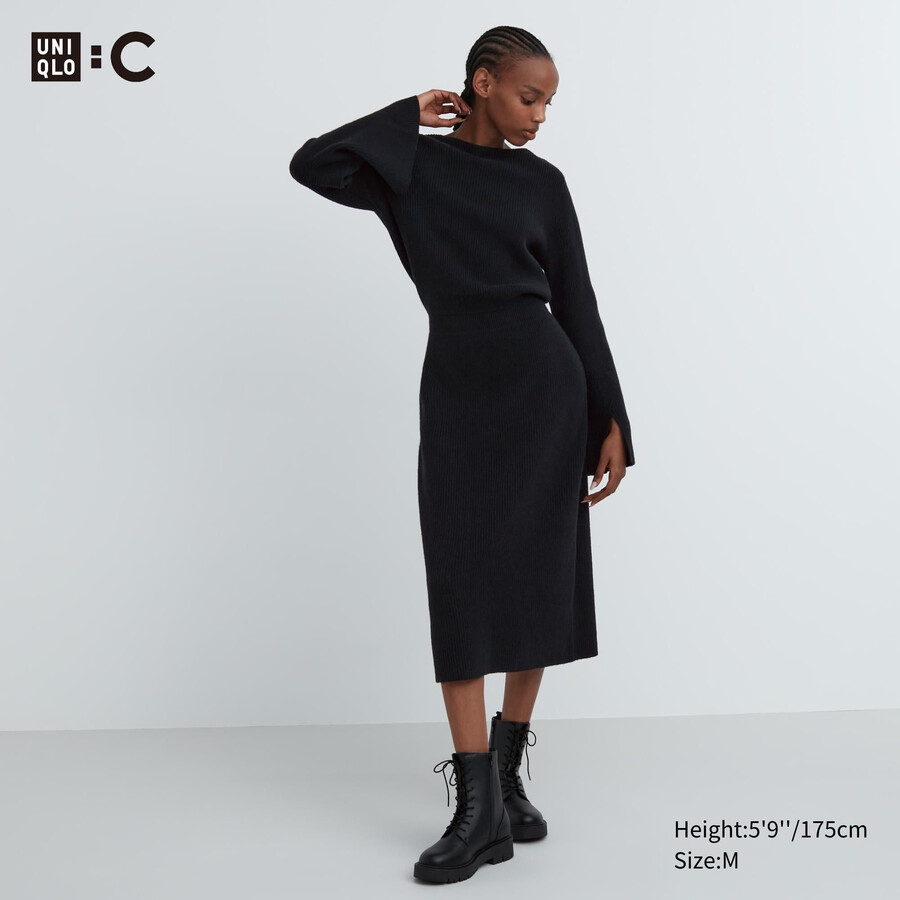uniqlo strickkleid für damen mit u-boot-ausschnitt und Ärmeln schwarz