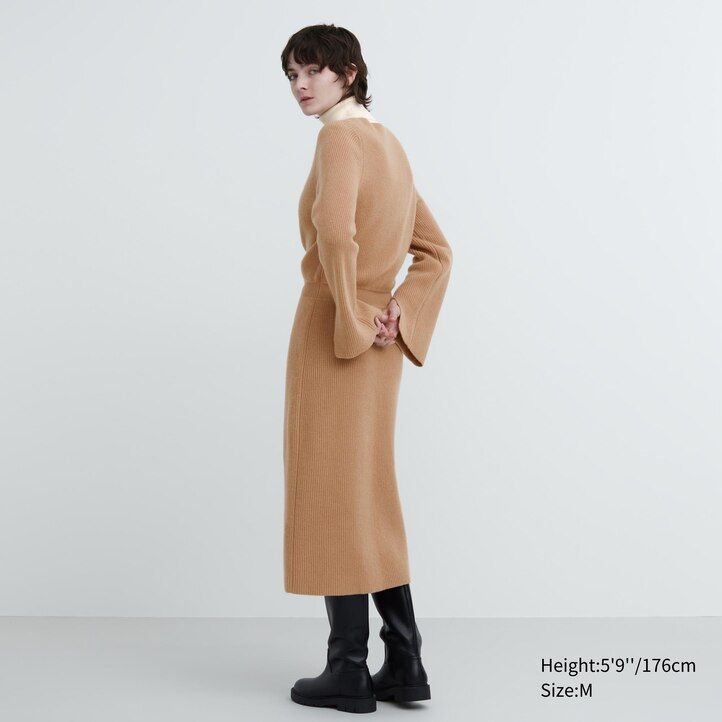 uniqlo strickkleid für damen mit u-boot-ausschnitt und Ärmeln schwarz
