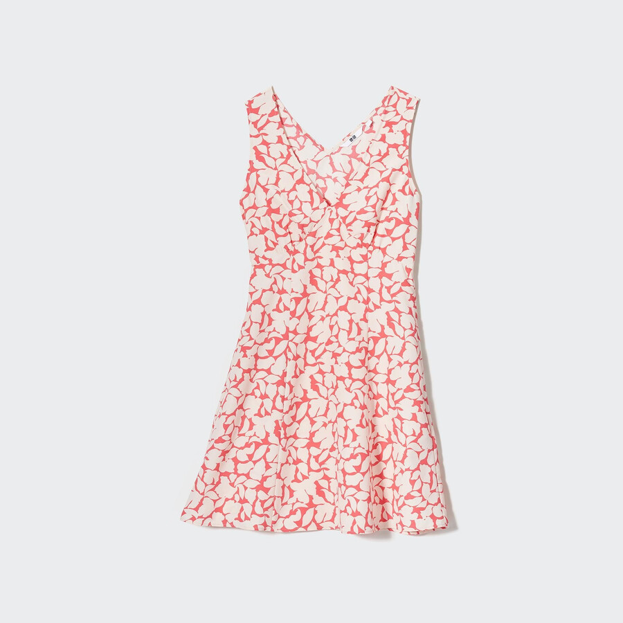 rotes bedrucktes ärmelloses minikleid von uniqlo mit v-ausschnitt für damen