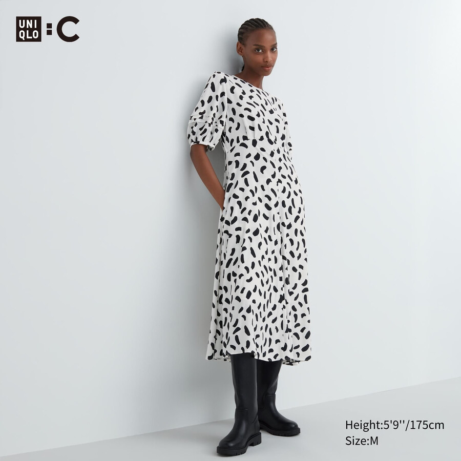 uniqlo damenkleid mit print und ballonärmeln weiß