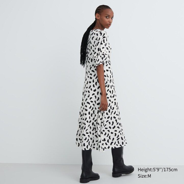 uniqlo damenkleid mit print und ballonärmeln weiß