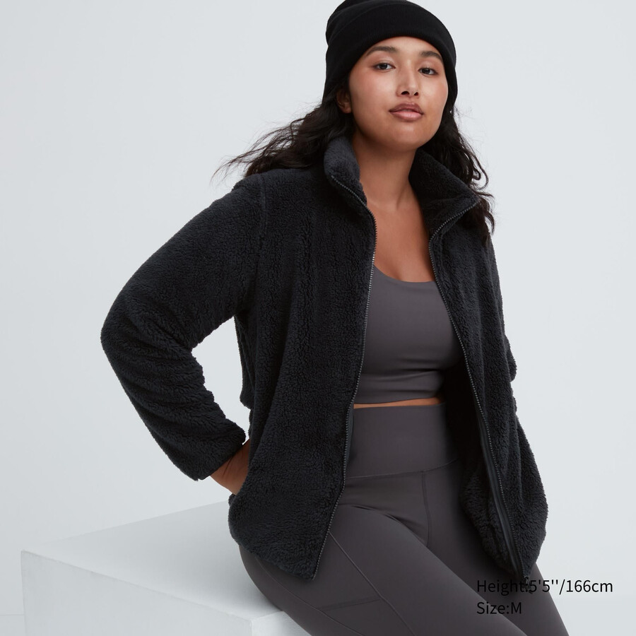 uniqlo flauschige fleecejacke mit reißverschluss für damen schwarz
