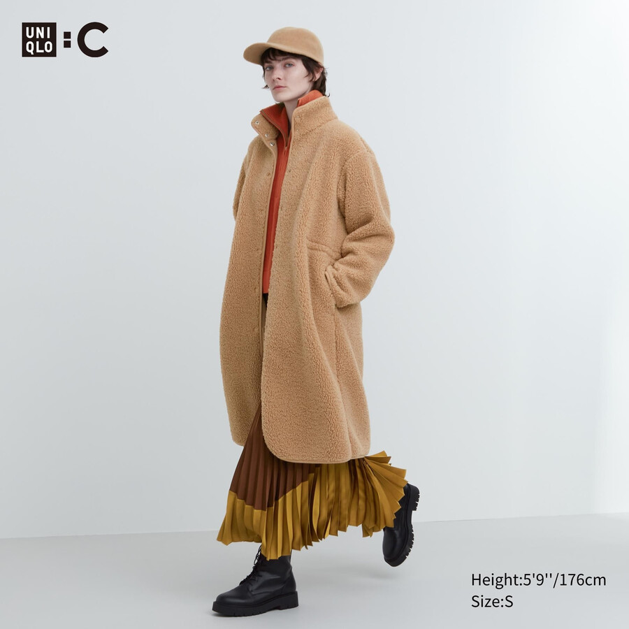 uniqlo damen-fleecejacke mit stehkragen und fellfutter beige