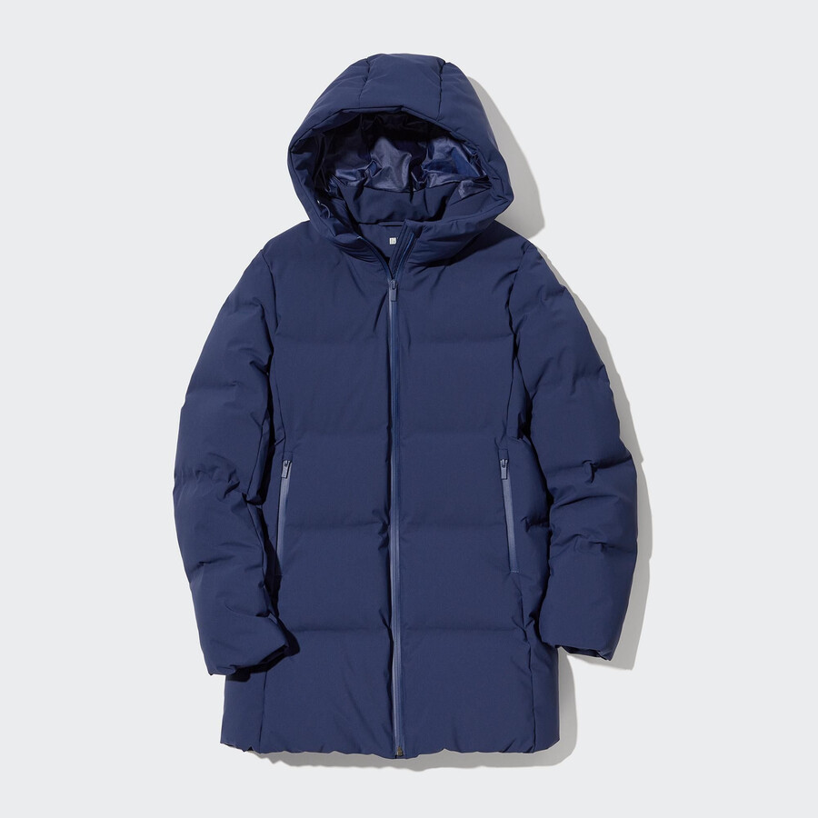 blaue nahtlose daunenjacken von uniqlo für damen