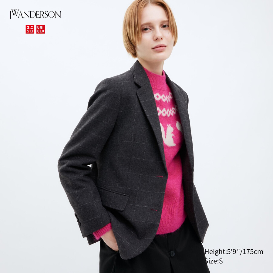 uniqlo damen-jacke einreihig kariert dunkelgrau