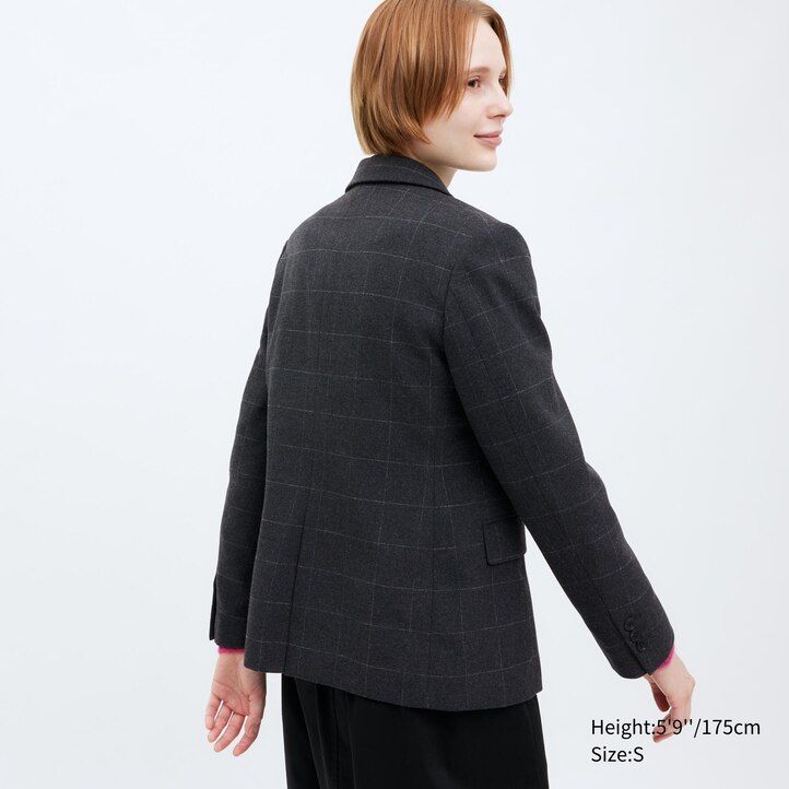 uniqlo damen-jacke einreihig kariert dunkelgrau