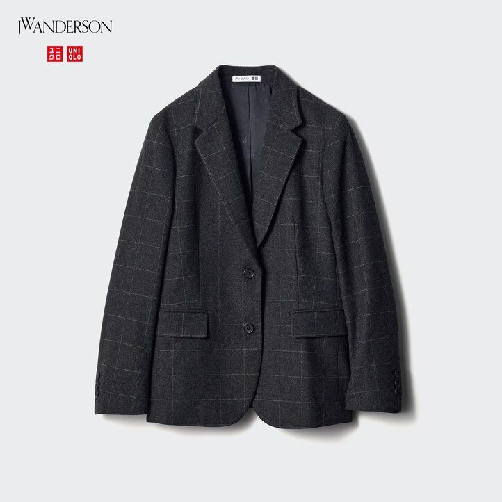 uniqlo damen-jacke einreihig kariert dunkelgrau