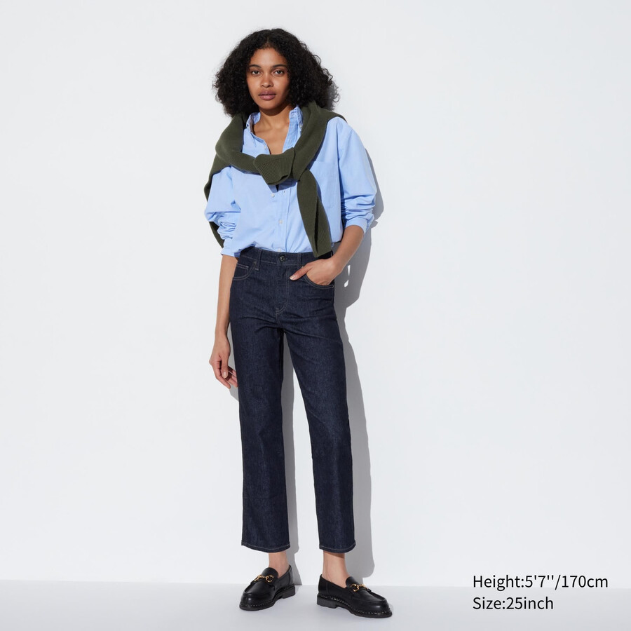 uniqlo damen-jeans schmal geschnitten gerades bein knöchellänge marineblau
