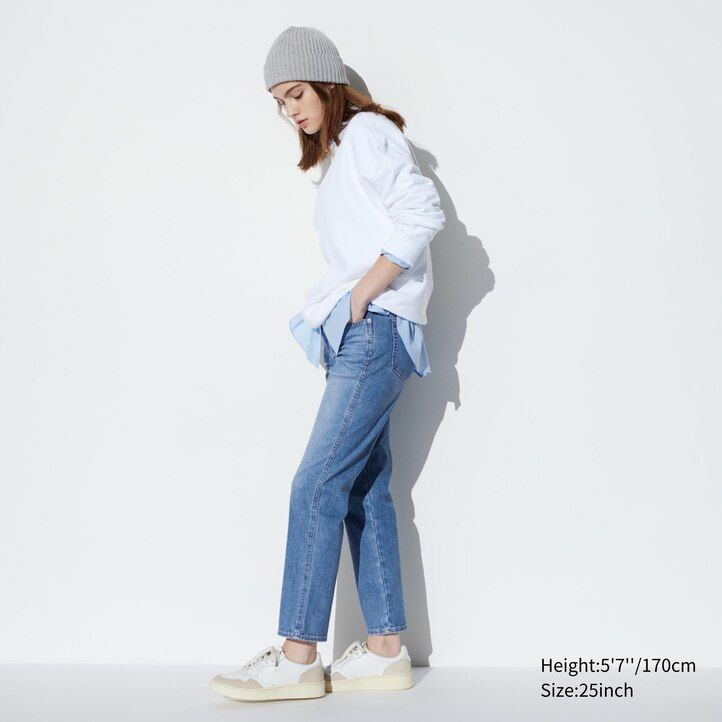 uniqlo damen-jeans schmal geschnitten gerades bein knöchellänge marineblau