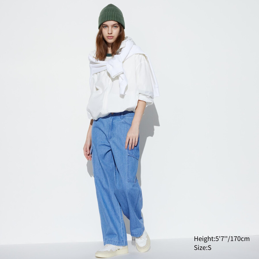 blaue uniqlo denim wide straight legrgo damenjeans