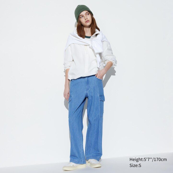 blaue uniqlo denim wide straight legrgo damenjeans