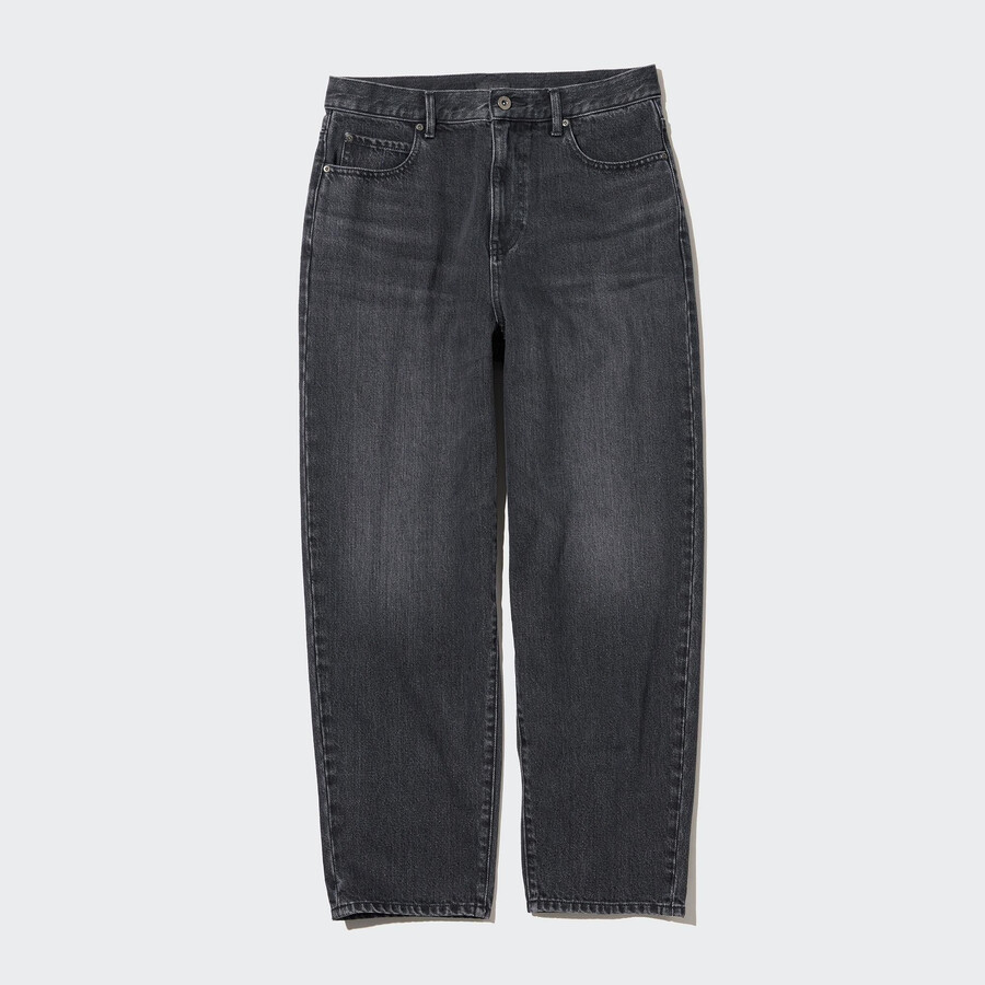 uniqlo damenjeans mit weitem bein und schmal zulaufendem bein grau