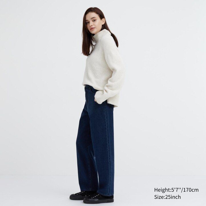 uniqlo damenjeans mit weitem bein und schmal zulaufendem bein grau