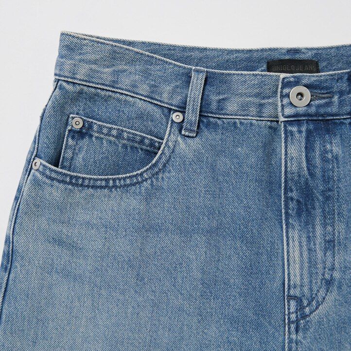 uniqlo damenjeans mit weitem bein und schmal zulaufendem bein grau