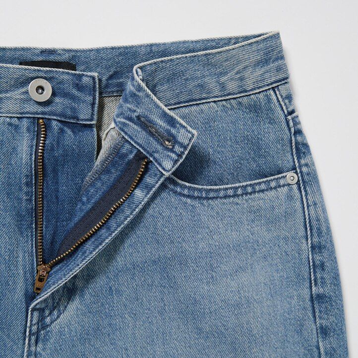 uniqlo damenjeans mit weitem bein und schmal zulaufendem bein grau