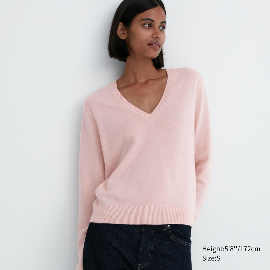 rosa uniqlo damenpullover aus 100 merine mit v-ausschnitt