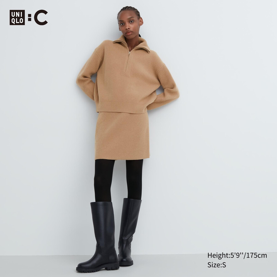 beige damen-minipullover aus premium-lammwolle von uniqlo