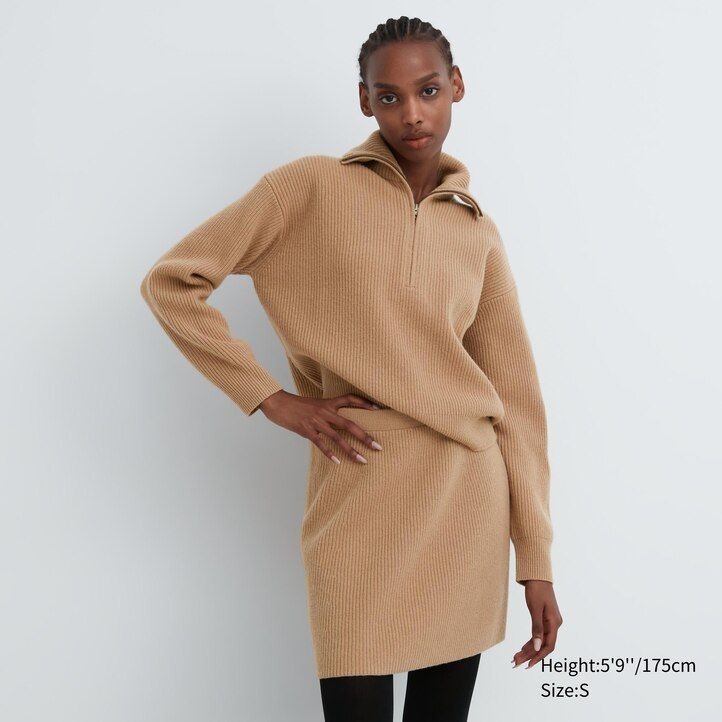beige damen-minipullover aus premium-lammwolle von uniqlo