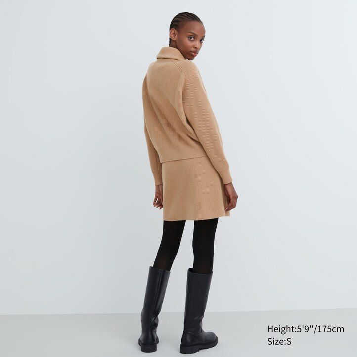 beige damen-minipullover aus premium-lammwolle von uniqlo