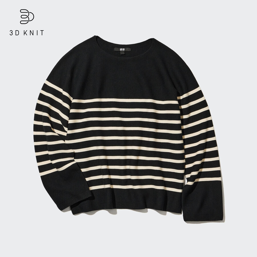 schwarzer uniqlo 3d-strickpullover aus nahtloser baumwolle mit streifen und rundhalsausschnitt für damen