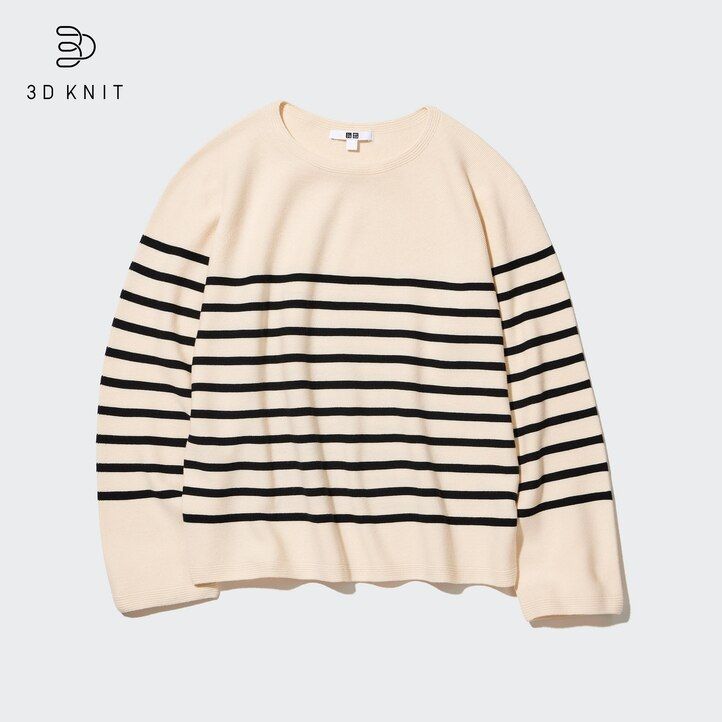 schwarzer uniqlo 3d-strickpullover aus nahtloser baumwolle mit streifen und rundhalsausschnitt für damen