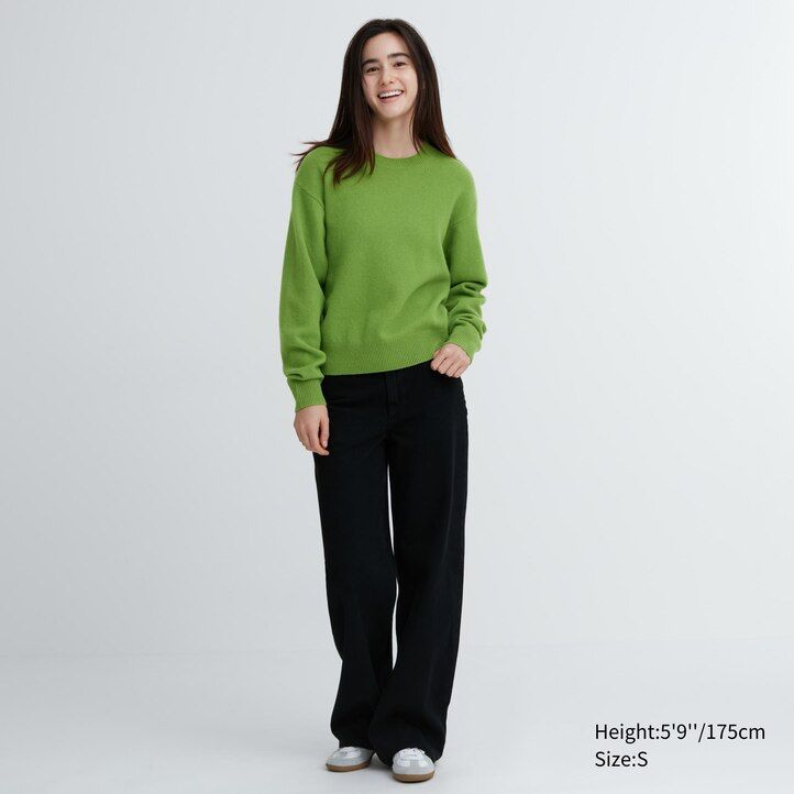 grüner uniqlo damen-pullover aus premium-lammwolle mit rundhalsausschnitt