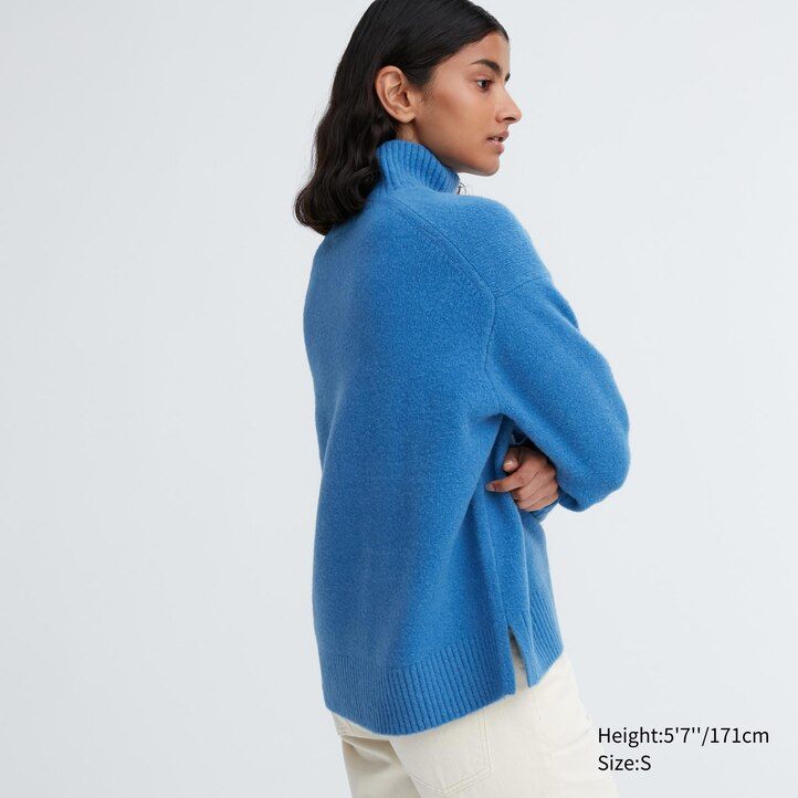 grüner uniqlo damen-pullover mit stehkragen aus souffle-garn