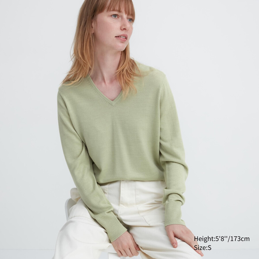 uniqlo damenpullover mit v-ausschnitt aus 100 extrafeiner merinowolle grün