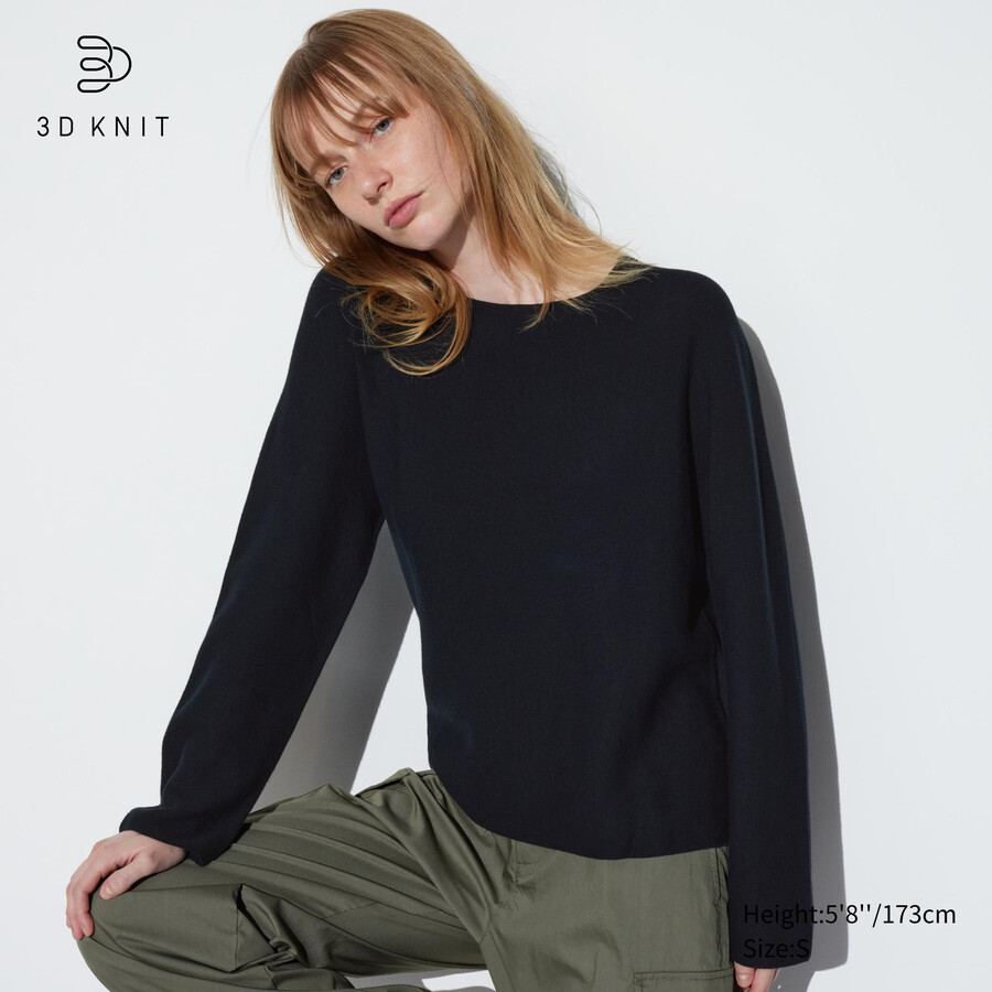 schwarzer uniqlo 3d-strickpullover aus nahtloser baumwolle mit rundhalsausschnitt für damen