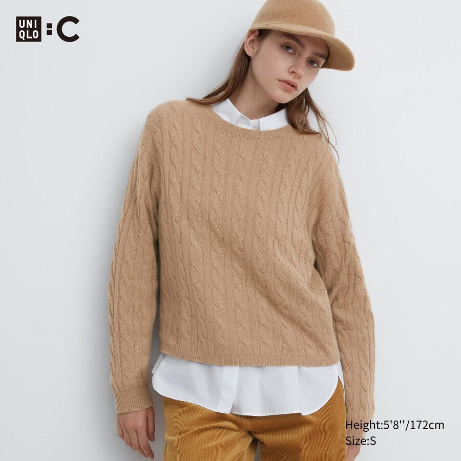 beige uniqlo damenpullover aus 100 baumwolle mit rundhalsausschnitt und kurzem schnitt
