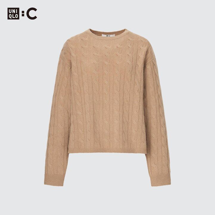 beige uniqlo damenpullover aus 100 baumwolle mit rundhalsausschnitt und kurzem schnitt