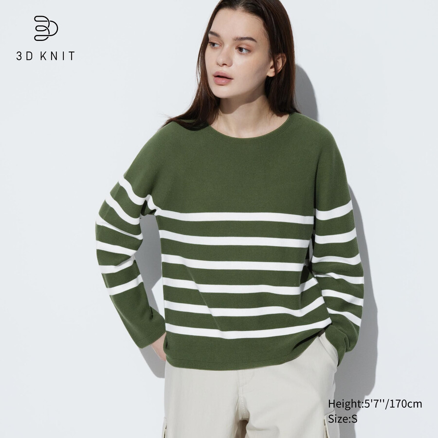 uniqlo damenpullover olivgrün 3d-strick nahtlos gestreift rundhalsausschnitt 3d-strick